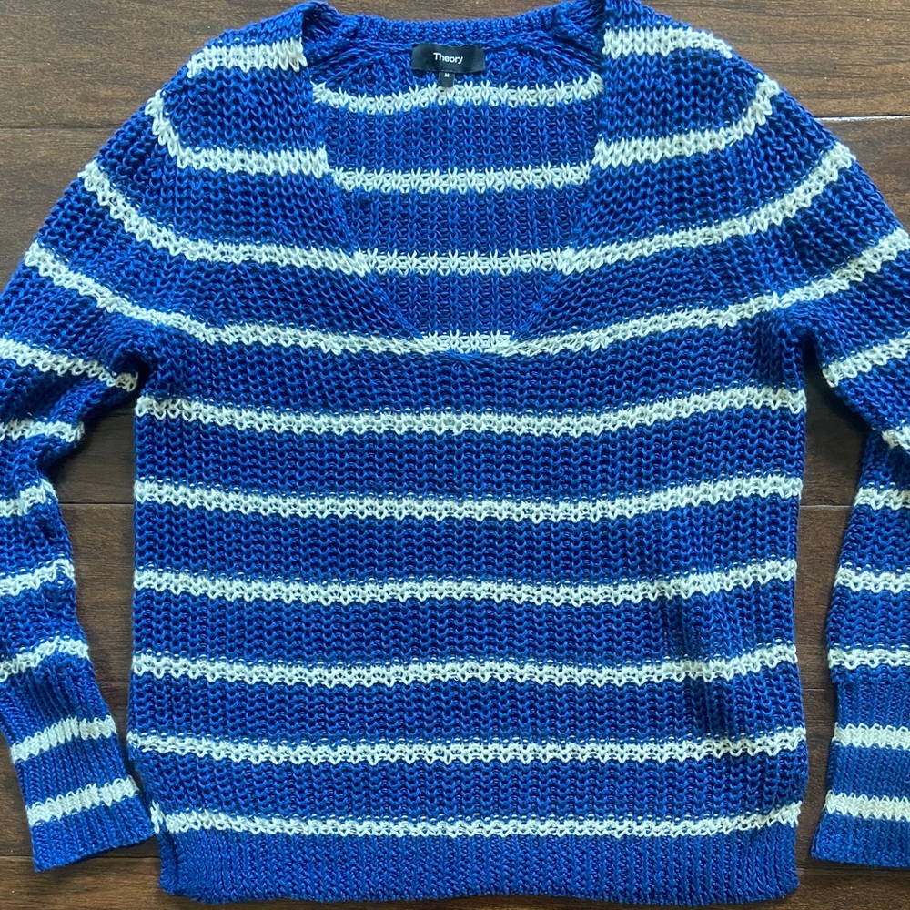 Theory Navy and Cream Striped Knit Sweater